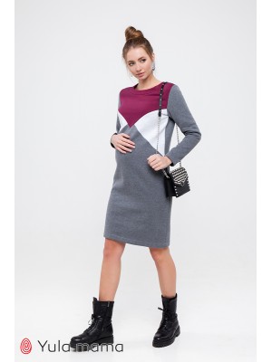 Платье  Denise warm  для беременных и кормящих,  сочетание темно-серый меланж/вишневый/серый меланж