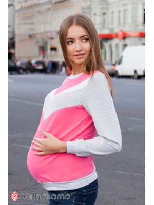 Свитшот  Deni для беременных и кормящих, серый меланж/розовый/молоко