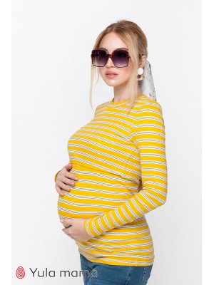 Лонгслив Poppy  для беременных и кормящих, крупная желто-белая полоска с синими полосочками