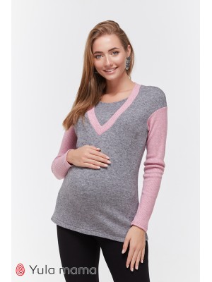 Джемпер SIENA  для беременных  и кормящих, трикотаж серый меланж + резинка розовый меланж