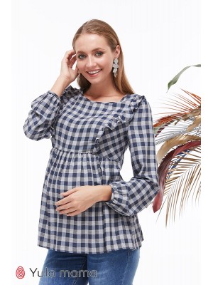  Блузка MARCELA  для беременных и кормящих, клетка серо-синяя